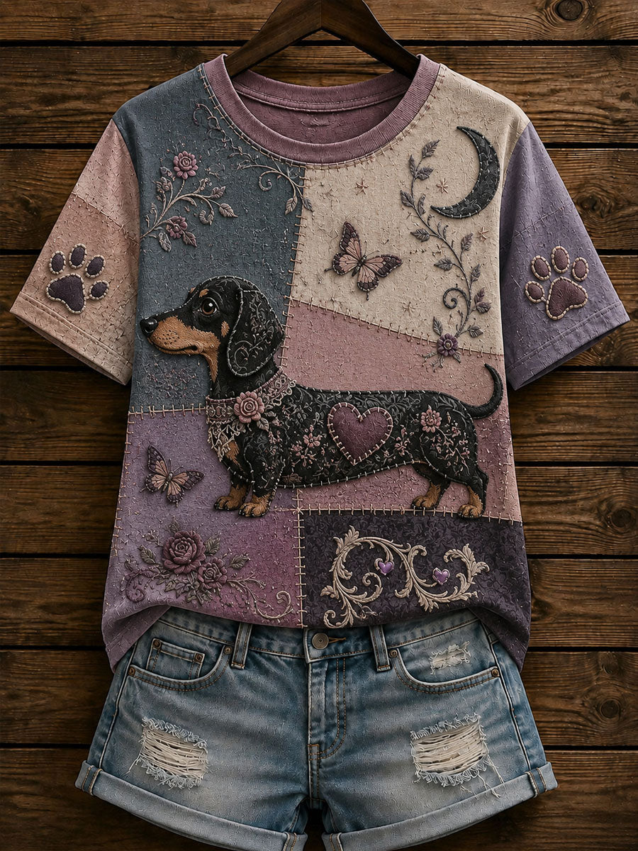 Women’s Gothic Patchwork Dog Print Casual T-Shirt