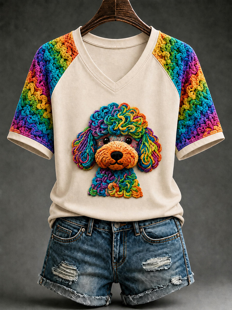 Women's Colorful Puppy Art V-neck Short Sleeve T-shirt