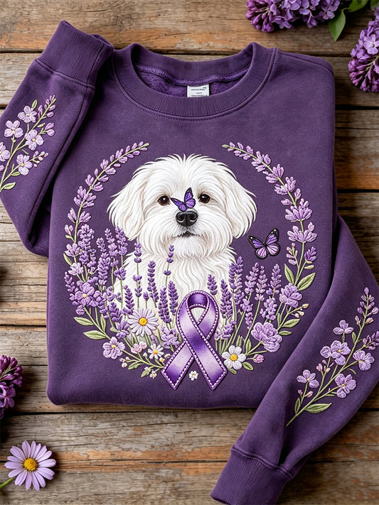 Women's Maltese Dog Purple Ribbon Lavender Floral Print Sweatshirt