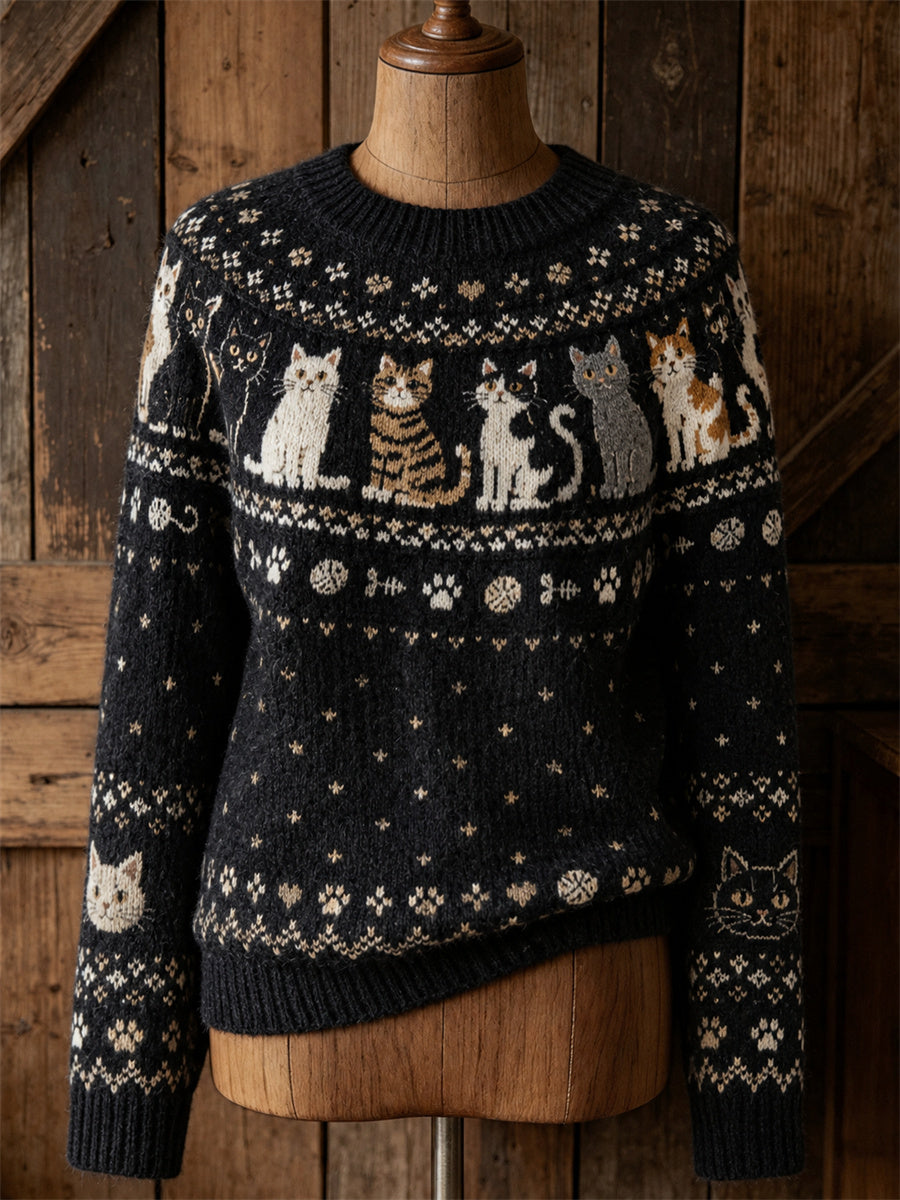 Women's Vintage Cats Yoke Isle Pattern Print Cozy crew neck sweater