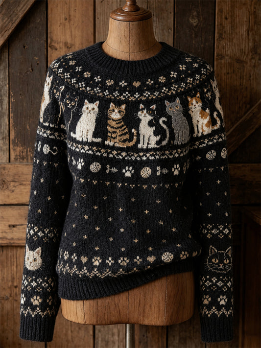 Women's Vintage Cats Yoke Isle Pattern Print Cozy crew neck sweater