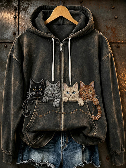 Retro Animal Print Casual Hooded Zip-Up Sweatshirt