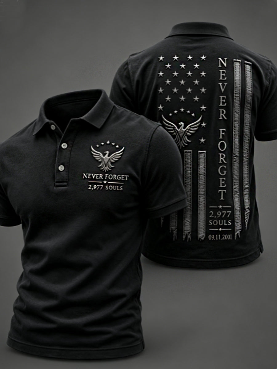 Men's NEVER FORGET 2,977 SOULS 2,977 SOULS 09.11.2001 polo shirt
