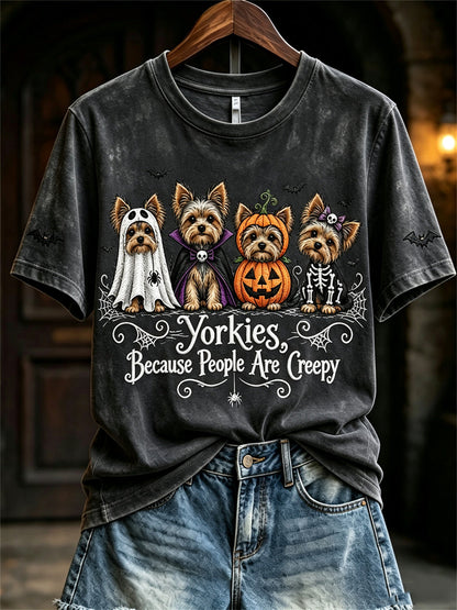 Women's Yorkies Because People Are Creepy Halloween Dogs Print short-sleeved T-shirt