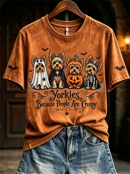 Women's Yorkies Because People Are Creepy Halloween Dogs Print short-sleeved T-shirt