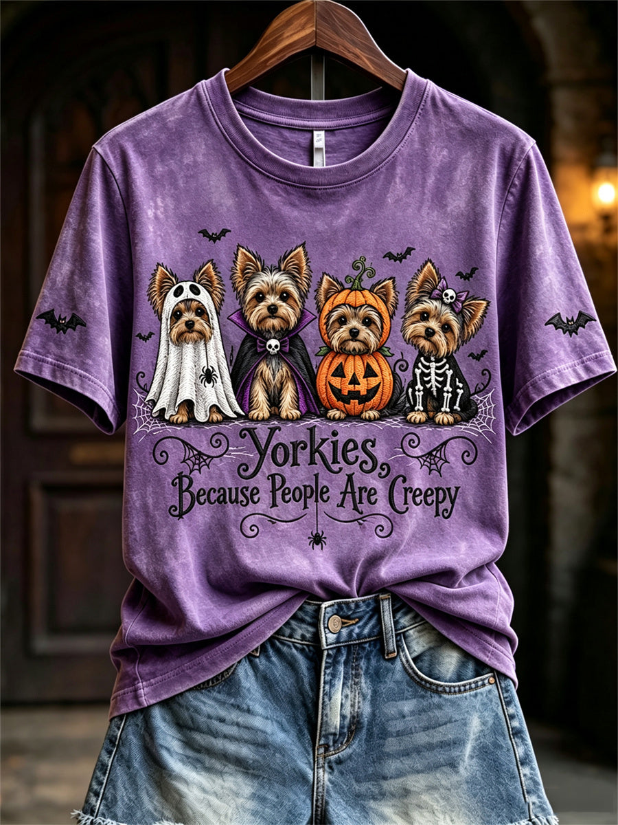 Women's Yorkies Because People Are Creepy Halloween Dogs Print short-sleeved T-shirt