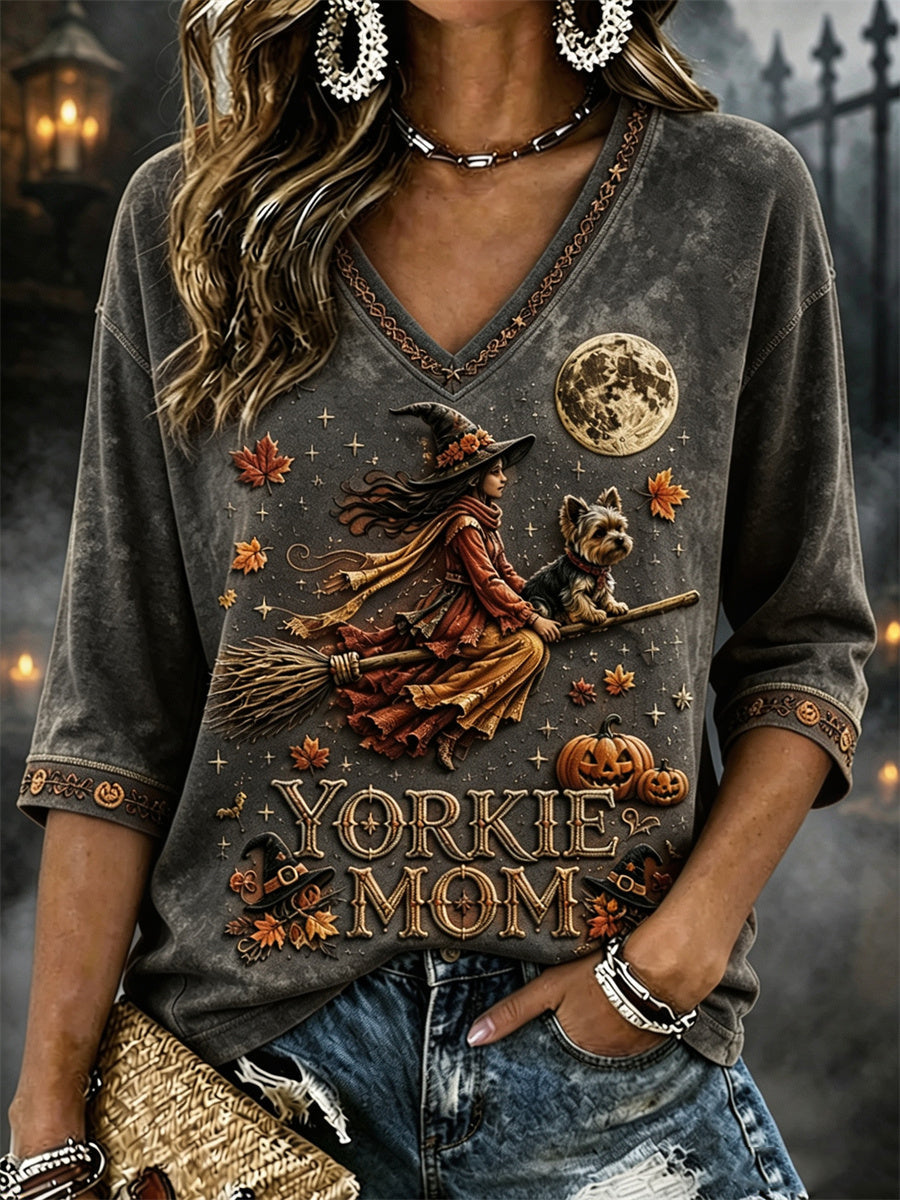 Women's Yorkie Mom Halloween Fall Witch & Dog Print Mid-length Sleeves V-Neck T-Shirt