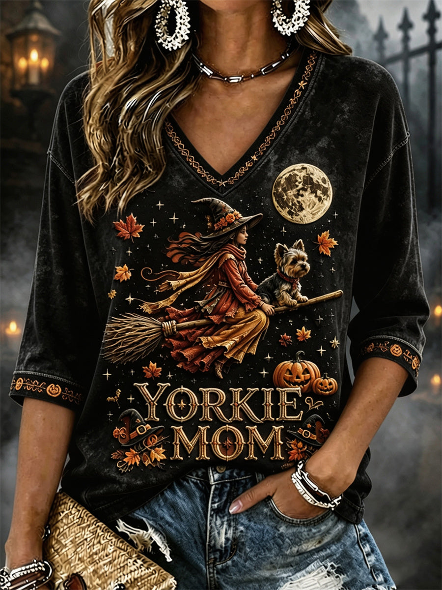Women's Yorkie Mom Halloween Fall Witch & Dog Print Mid-length Sleeves V-Neck T-Shirt