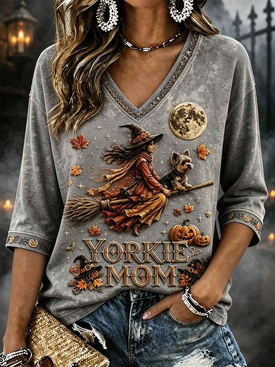 Women's Yorkie Mom Halloween Fall Witch & Dog Print Mid-length Sleeves V-Neck T-Shirt