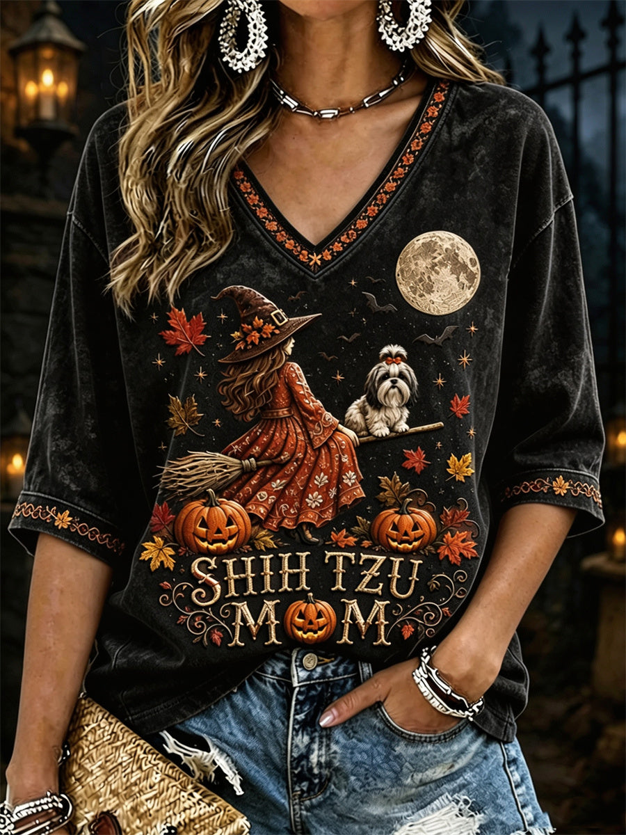 Women's Halloween Fall Shih Tzu Mom Witch & Dog Print Mid-length Sleeves V-Neck T-Shirt