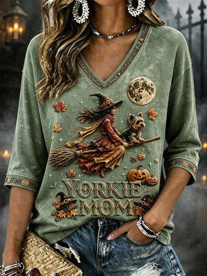Women's Yorkie Mom Halloween Fall Witch & Dog Print Mid-length Sleeves V-Neck T-Shirt
