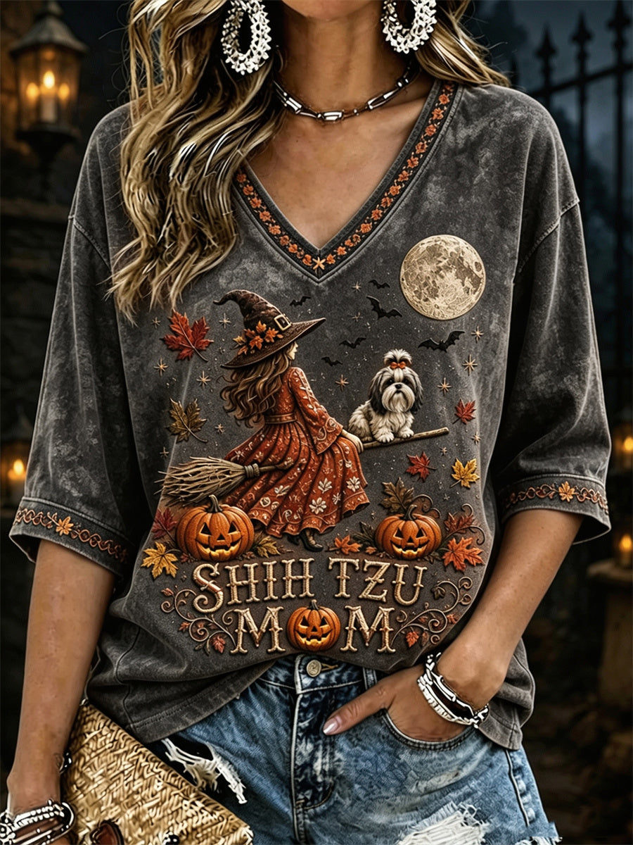 Women's Halloween Fall Shih Tzu Mom Witch & Dog Print Mid-length Sleeves V-Neck T-Shirt