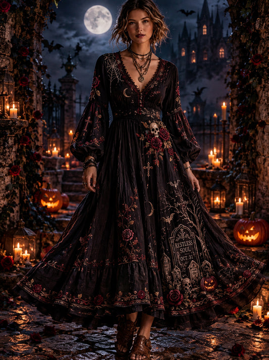 Lady's V-neck Halloween Creative Pattern Printed Long Dress