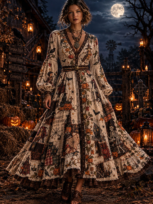 Lady's V-neck  Halloween Creative Pattern Printed Long Dress