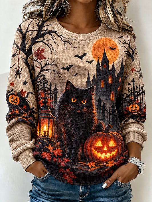 Women's Long-Sleeve Waffle-Knit Top With Halloween-Themed Print