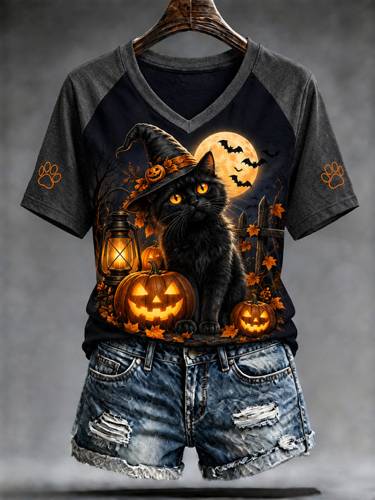Women's Halloween-Themed Print Raglan Short-Sleeve T-Shirt