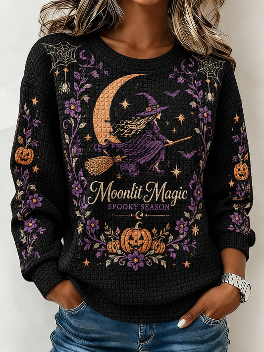 Women's Long-Sleeve Waffle-Knit Top With Halloween-Themed Print