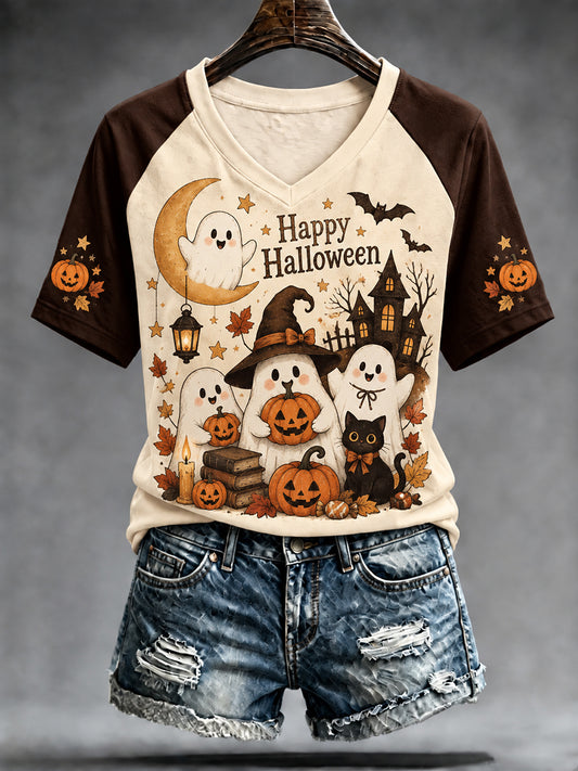 Women's Halloween-Themed Print Raglan Short-Sleeve T-Shirt