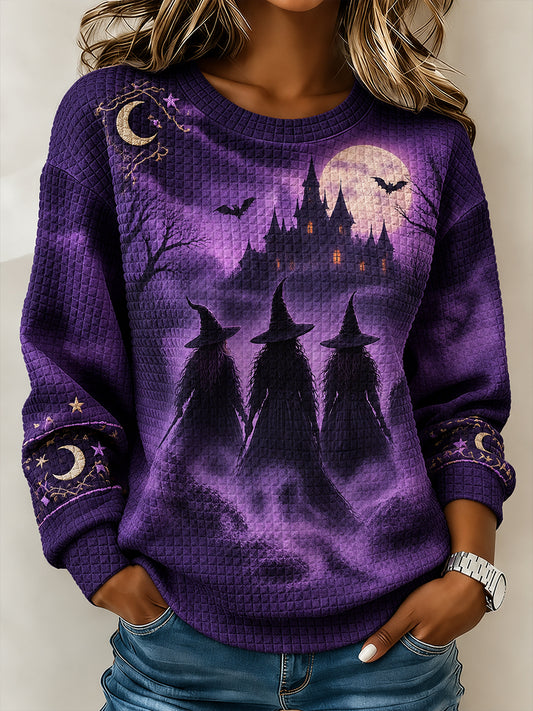 Women's Long-Sleeve Waffle-Knit Top With Halloween-Themed Print