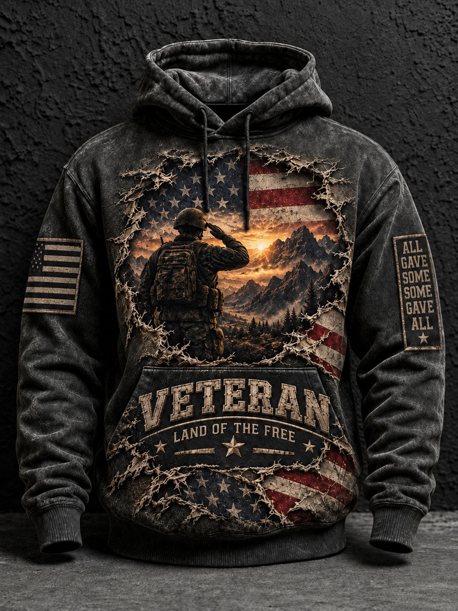 Men's Vintage-Style Veteran Graphic Oversized Drop-Shoulder Hoodie