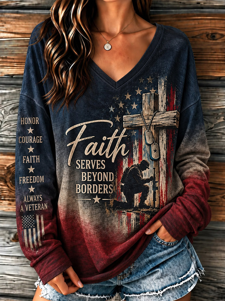 Women's U.S. Veterans Day Veteran Faith Art Print Casual Long-Sleeve T-Shirt
