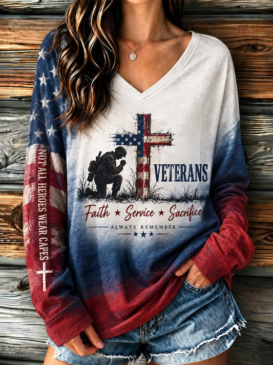 Women's U.S. Veterans Day Veteran Faith Art Print Casual Long-Sleeve T-Shirt