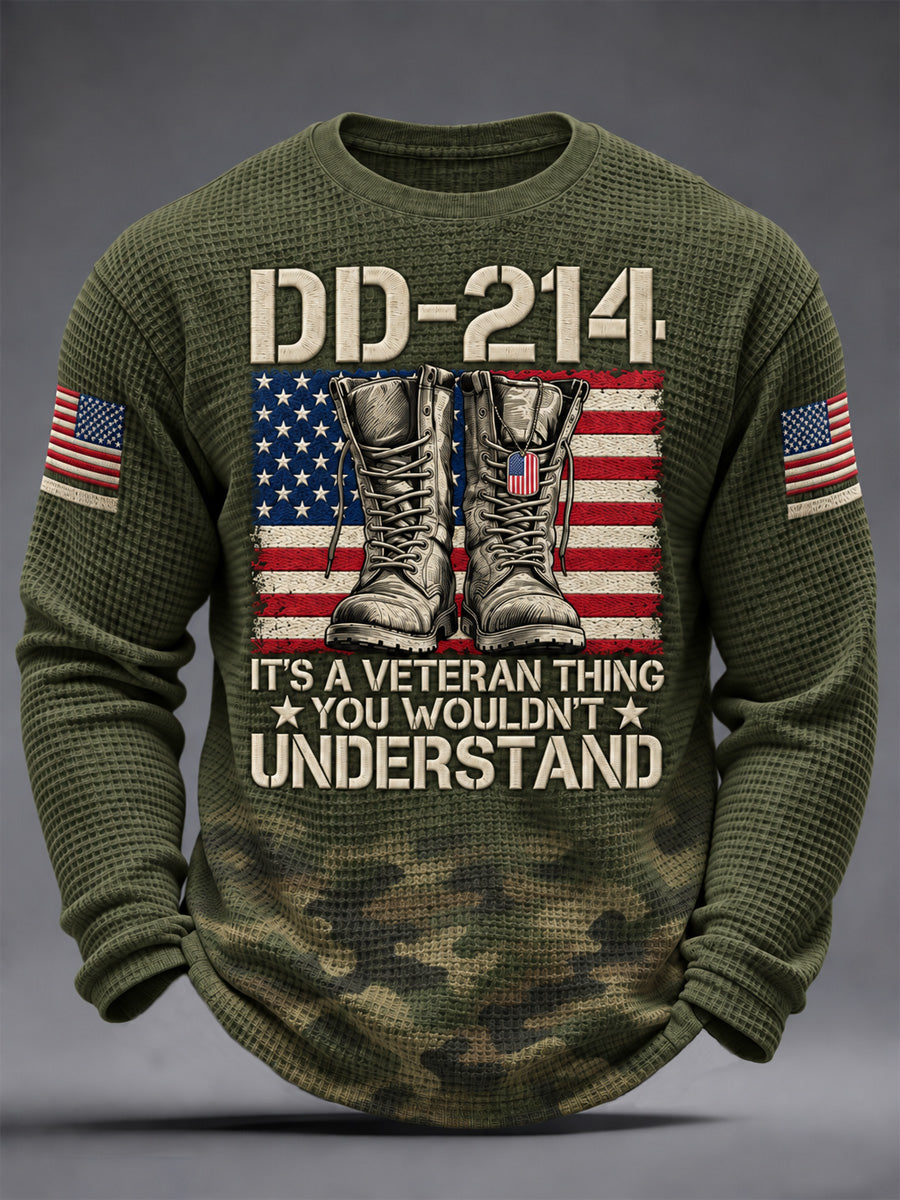 Men's Veterans Day DD-214 Alumni US Flag Camouflage Print Casual Waffle Long Sleeve T-Shirt