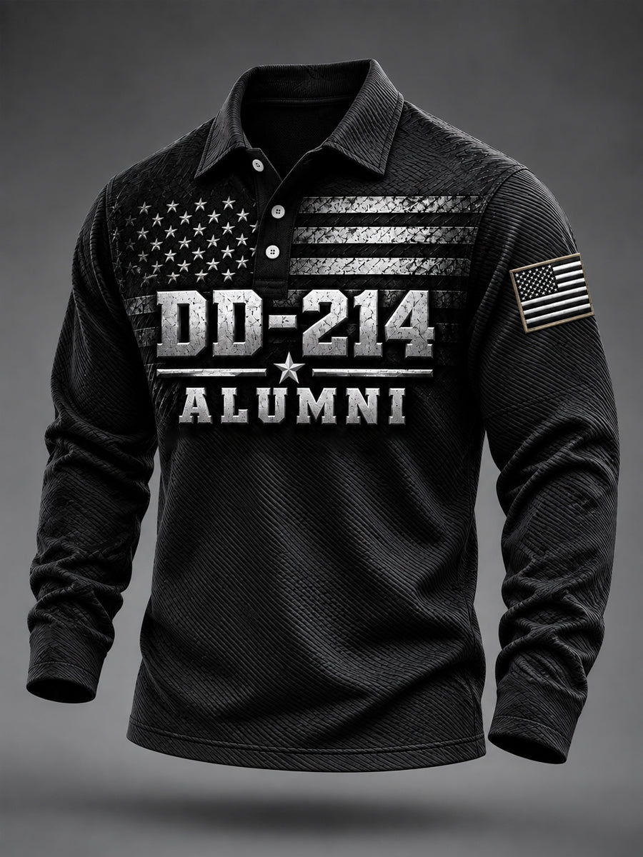 Men's Veterans Day DD-214 Alumni US Flag Print Casual Long Sleeve Polo