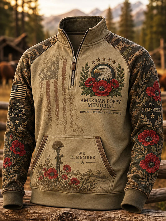 Men's Veterans Day Print Casual Zip-Up Sweatshirt