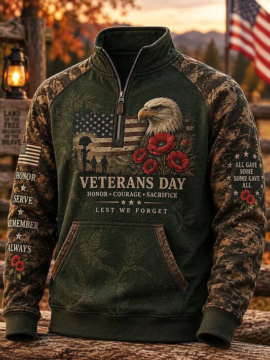 Men's Veterans Day Print Casual Zip-Up Sweatshirt