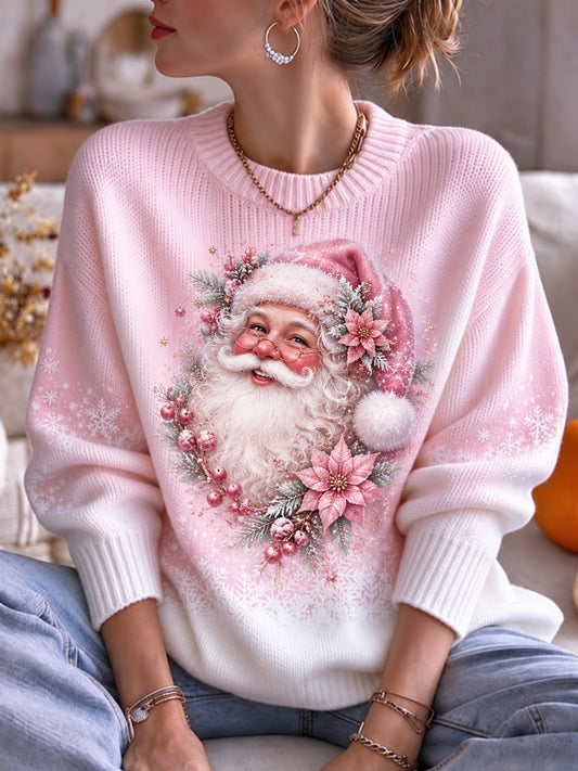 Women's Pink Christmas Santa Claus Print Casual Sweater
