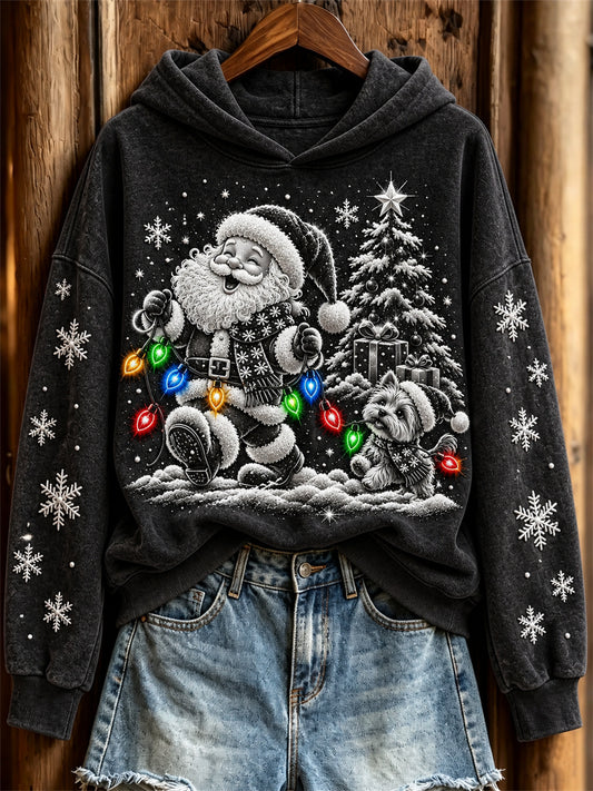 Women's Santa Claus & Yorkie Dog Colorful Christmas Lights Print Hoodie