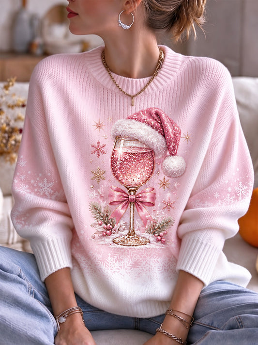 Women's Pink Christmas Wine Glass Print Casual Sweater