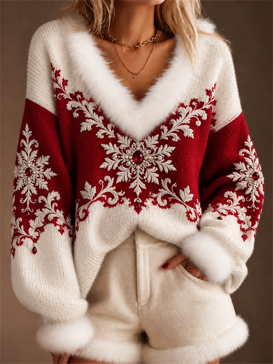 Women's Classy Christmas Snowflakes Contrast Color Print Fur Trim V Neck Sweater