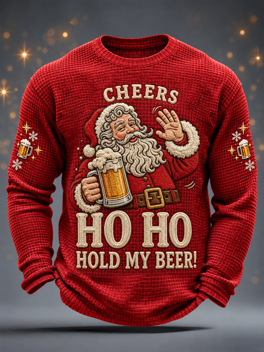 Men's Christmas Funny Santa Claus Cheers Ho Ho Hold My Beer! Print Casual Waffle Long Sleeve T-Shirt