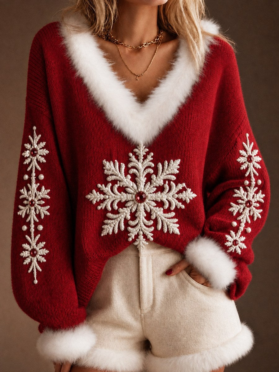 Women's Classy Christmas Snowflakes Print Fur Trim V Neck Sweater