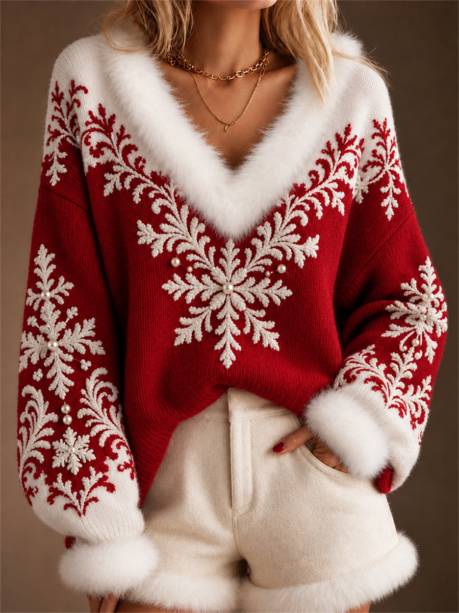 Women's Classy Christmas Snowflakes Contrast Color Print Fur Trim V Neck Sweater
