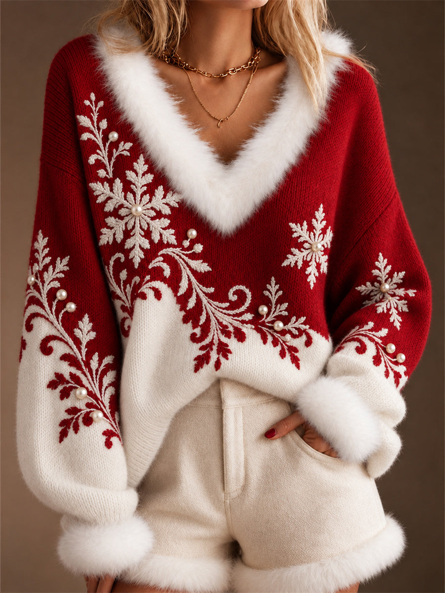 Women's Classy Christmas Snowflakes Contrast Color Print Fur Trim V Neck Sweater