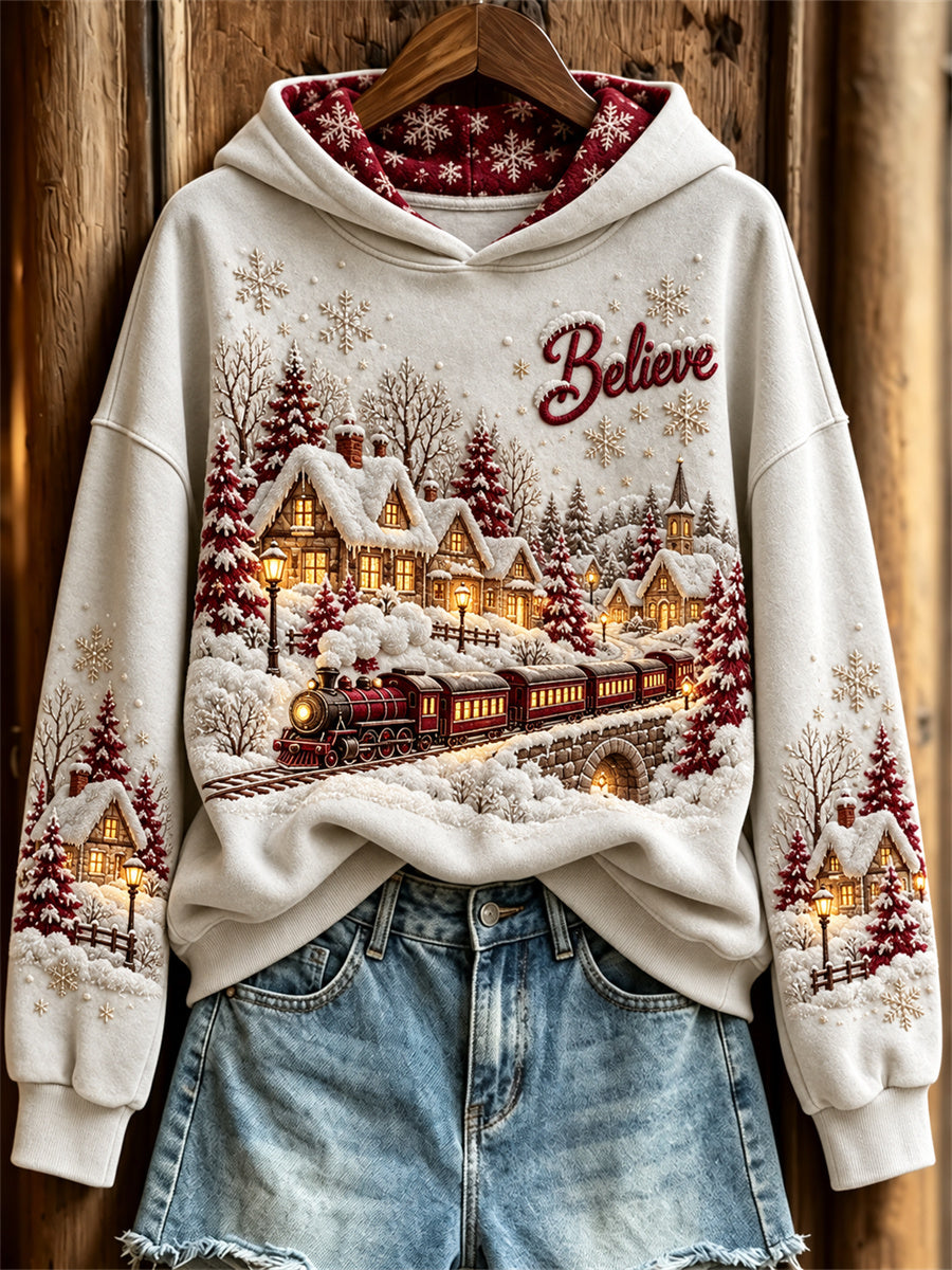 Women's Christmas Train Snowy Landscape Print Cozy Hoodie