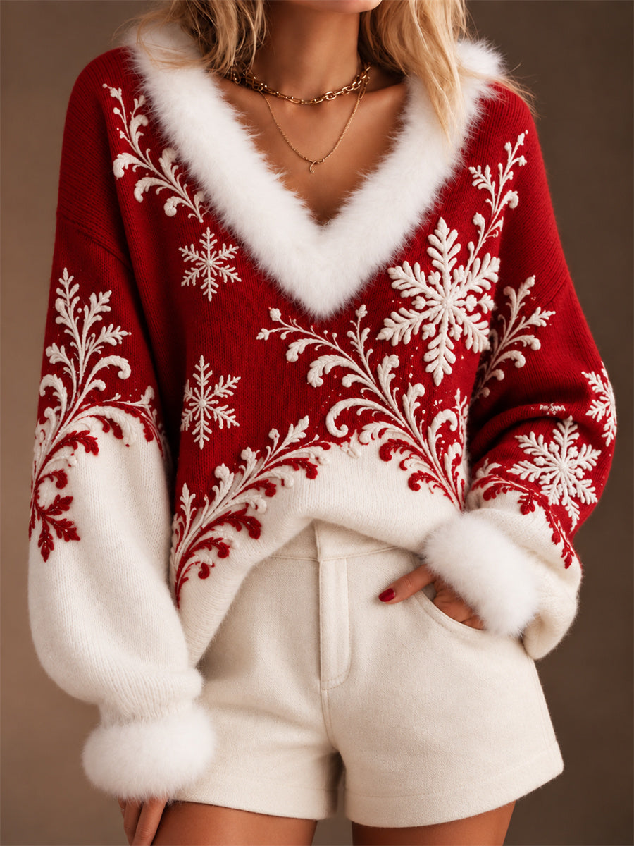 Women's Classy Christmas Snowflakes Contrast Color Print Fur Trim V Neck Sweater
