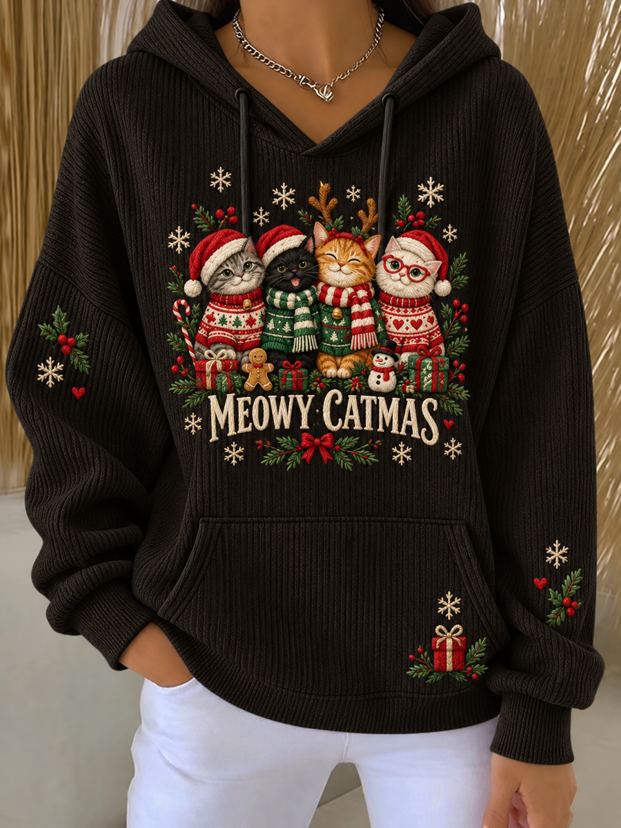Women's Cute Christmas cat Printed Hoodie