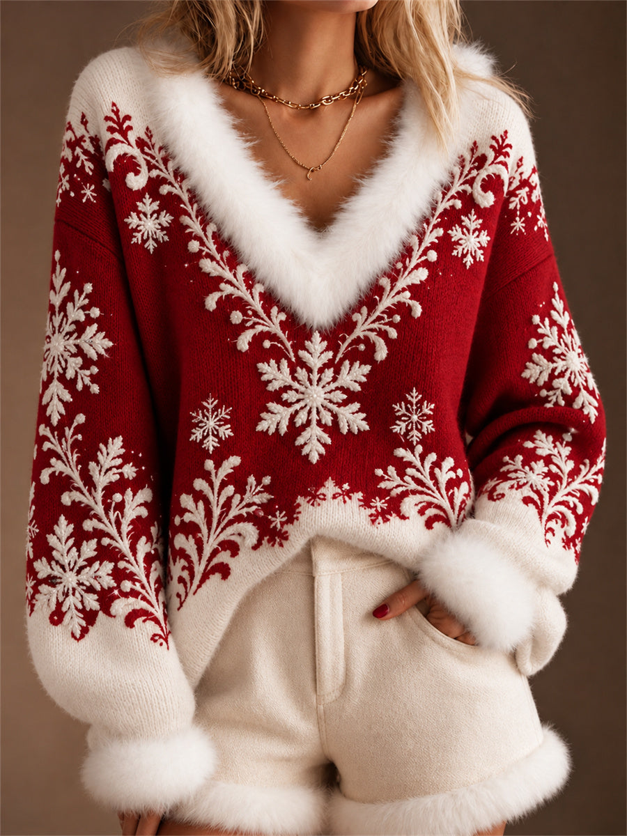 Women's Classy Christmas Snowflakes Contrast Color Print Fur Trim V Neck Sweater