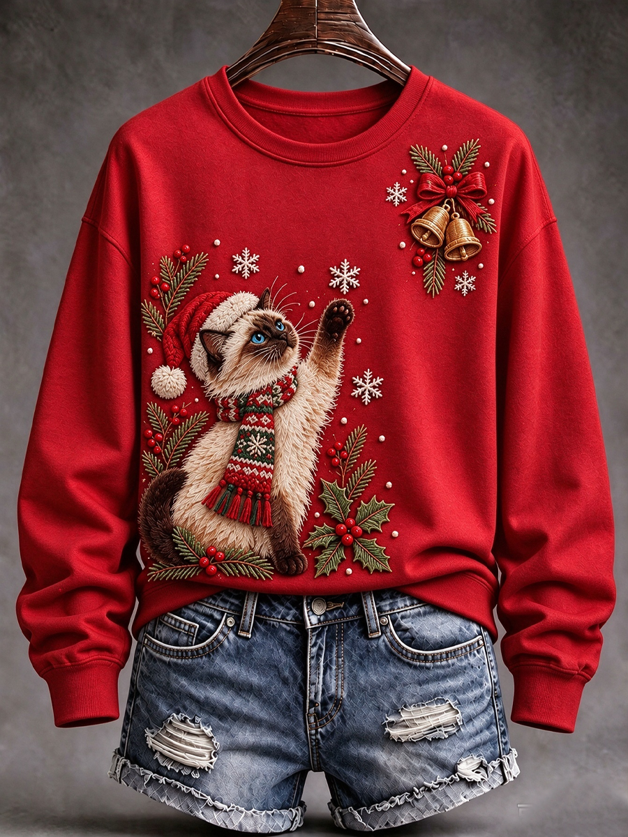 Women's Christmas cat print Regular Sweatshirt