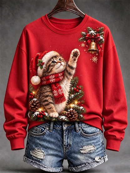 Women's Christmas cat print Regular Sweatshirt