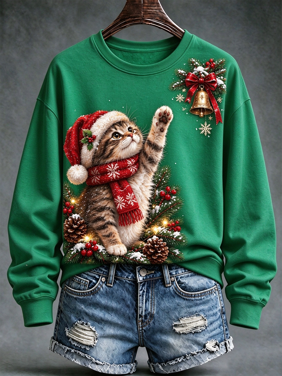 Women's Christmas cat print Regular Sweatshirt