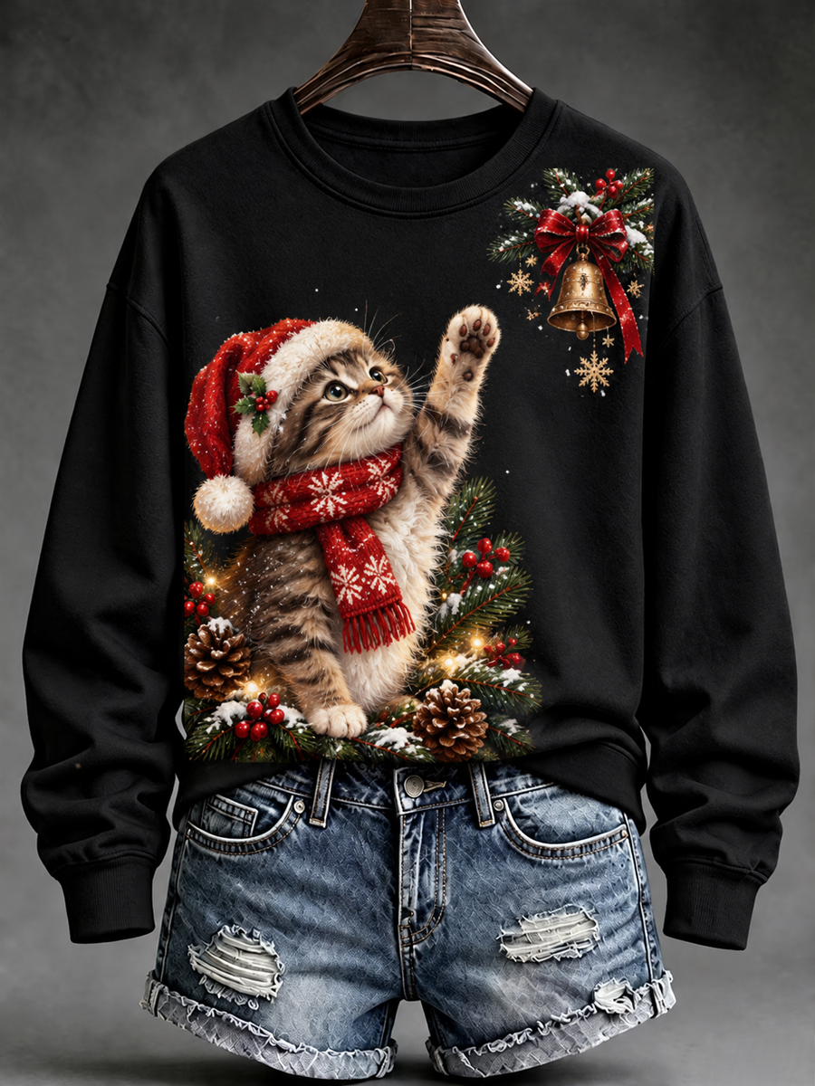 Women's Christmas cat print Regular Sweatshirt