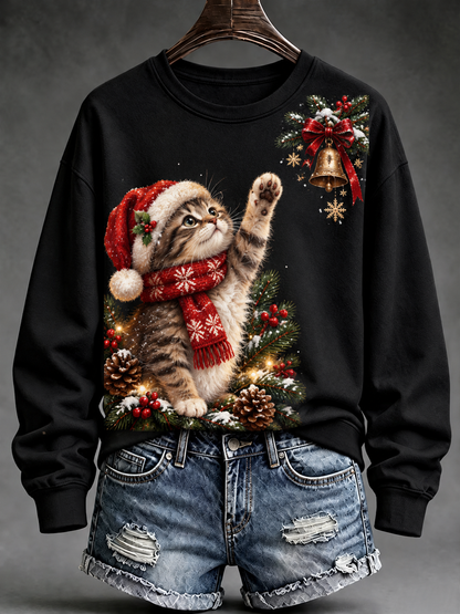 Women's Christmas cat print Regular Sweatshirt