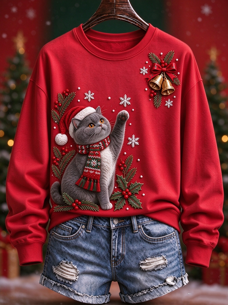 Women's Christmas cat print Regular Sweatshirt