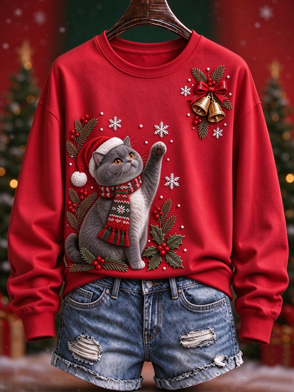 Women's Christmas cat print Regular Sweatshirt