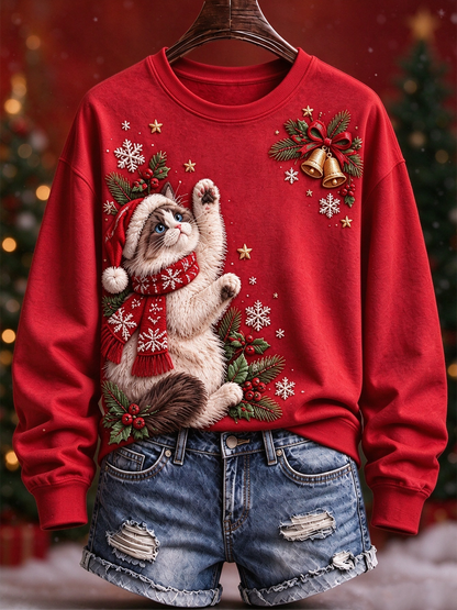 Women's Christmas cat print Regular Sweatshirt